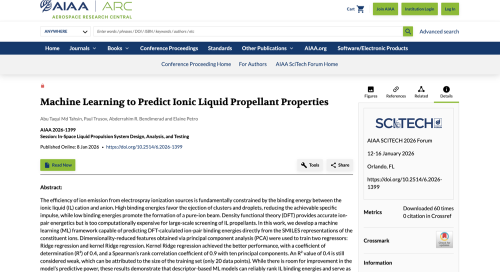 AIAA ARC page for Machine Learning to Predict Ionic Liquid Propellant Properties