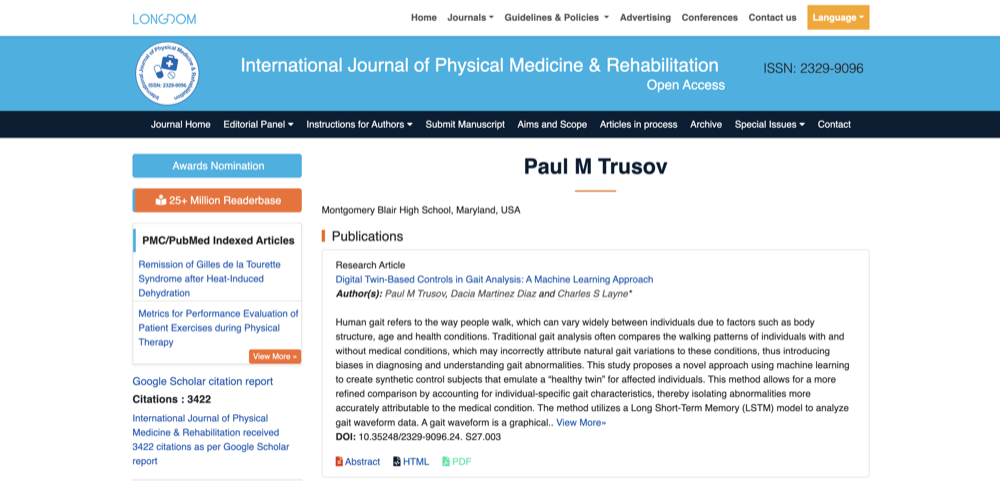 Longdom journal page for Digital Twin-Based Controls in Gait Analysis